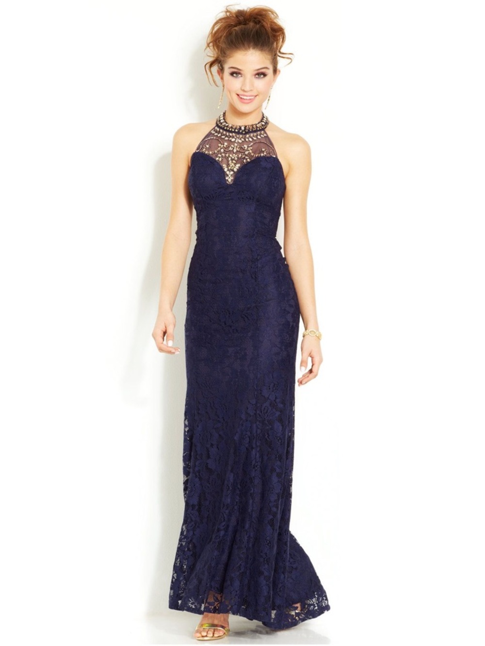 B Darlin Navy Lace Halter Maxi Dress with Beaded Illusion